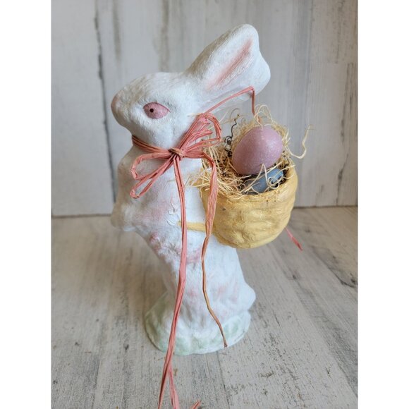 vintage Paper mache white Easter bunny egg basket home decor spring vintage - Picture 1 of 8